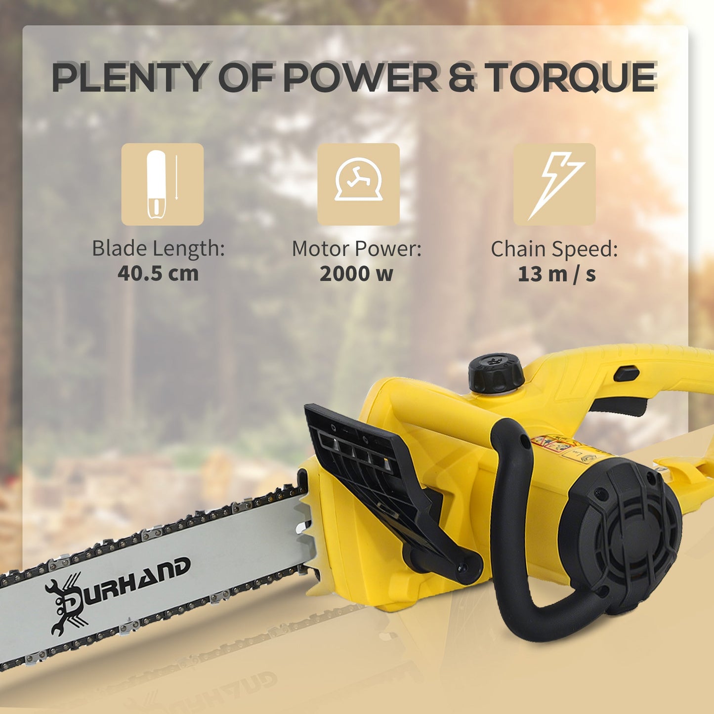 DURHAND 2000W Powerful Electric Chainsaw, 16" Aluminium Blade Portable Corded Chain Saw, 7250rpm Chain Saw for Garden Tree Pruning, 13m/s Chain Speed Auto Chain Lubrication to Cut Wood, Yellow