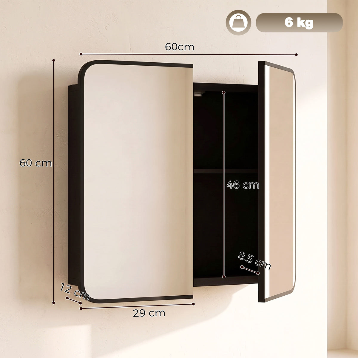 HOMCOM Bathroom Medicine Mirror Cabinet, Bathroom Wall Cabinet with Storage, Magnetic Doors and Adjustable Shelf, Black