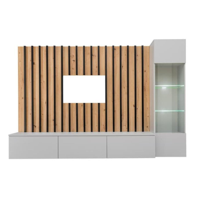 Wooden panel with a television embedded, surrounded by white shelves on a white background