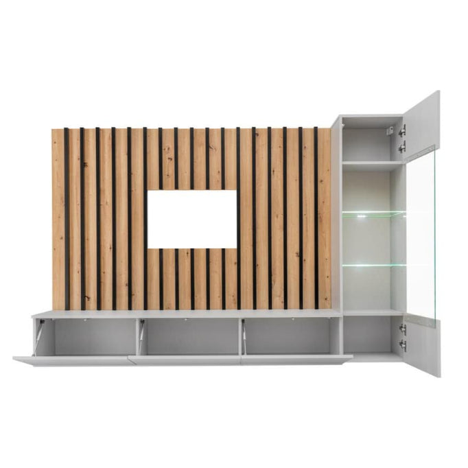 Modern entertainment console with wooden panel and open cabinet doors on a white background