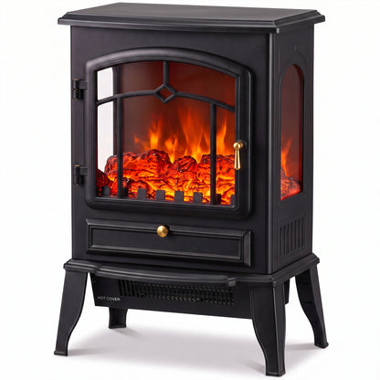 HOMCOM Electric Fireplace Stove, 1000/2000W 3-Sided Freestanding Fireplace Heater with 3D Flame Log, Thermostat, Black