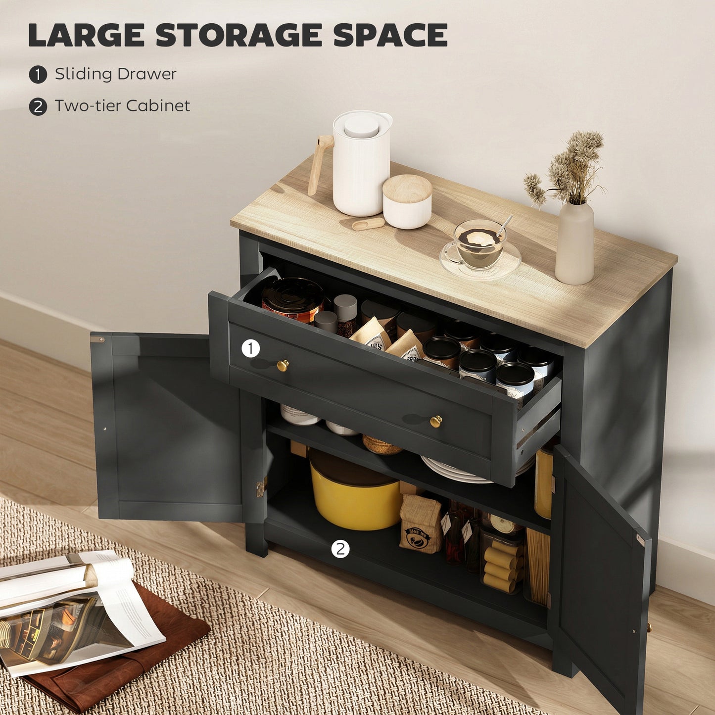 HOMCOM Sideboard Storage Cabinet, Modern Kitchen Cupboard with Adjustable Shelf, Drawer and Double Doors, Black