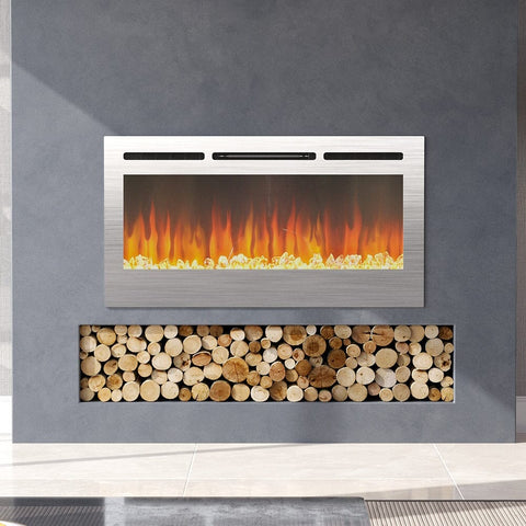 Linear Electric Fireplace Recessed in Chrome