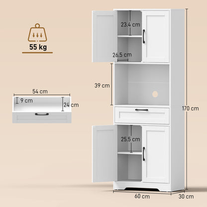 HOMCOM 170 cm Tall Kitchen Pantry with Adjustable Shelves, Freestanding Storage Cabinet with Open Shelf, White Wood Effect
