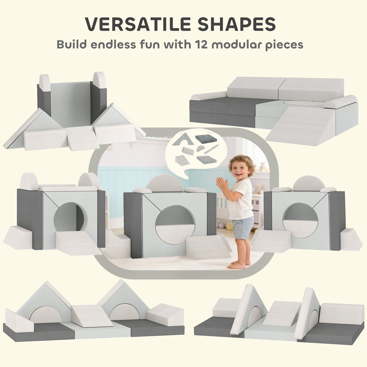 AIYAPLAY Kids Play Sofa, 12 Pieces Foam Modular Soft Play Set for Playroom, Children Convertible Sofa for Boys and Girls, Grey