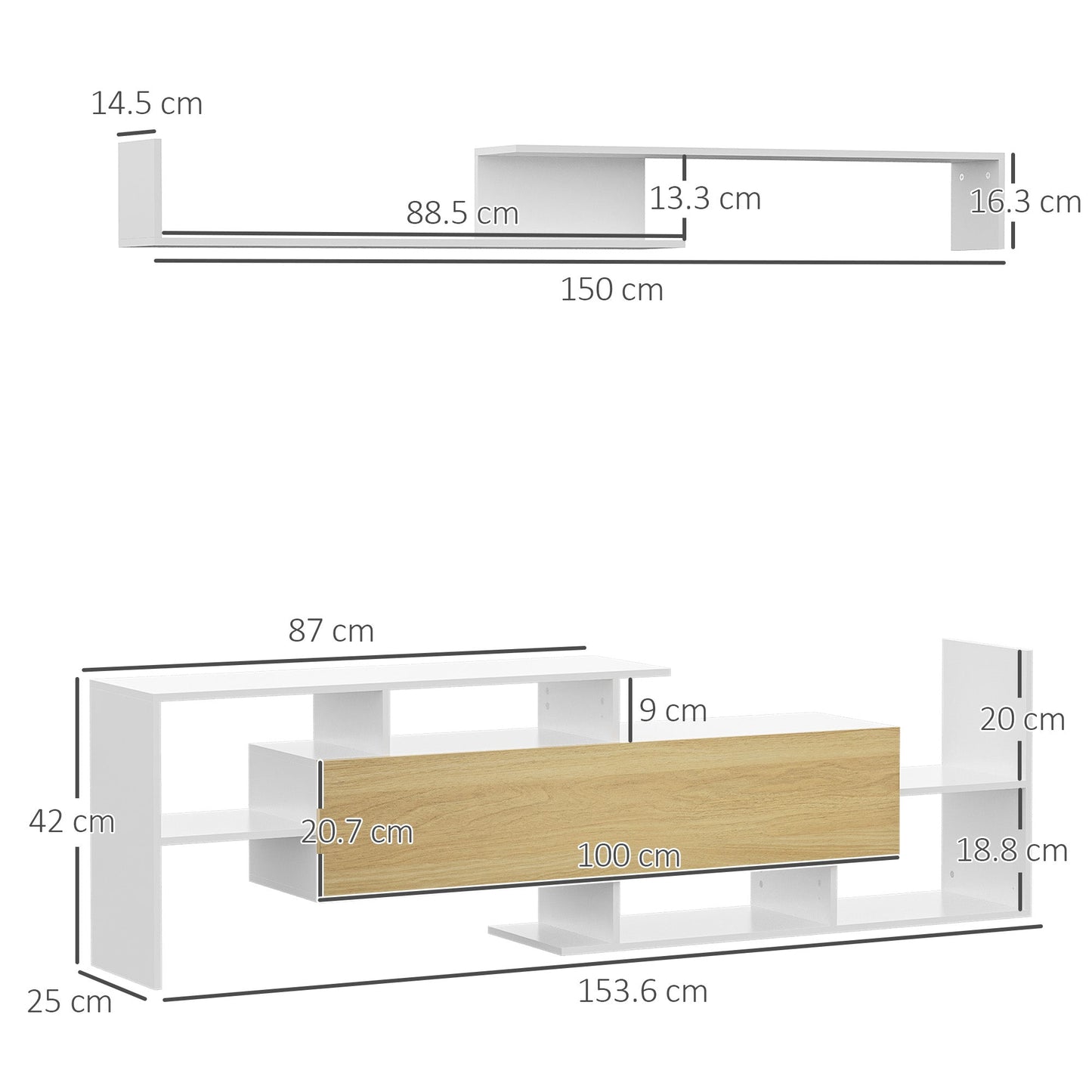 HOMCOM TV Cabinet with Wall Shelf for Wall-Mounted 65" TVs or Standing 40" TVs - White and Natural