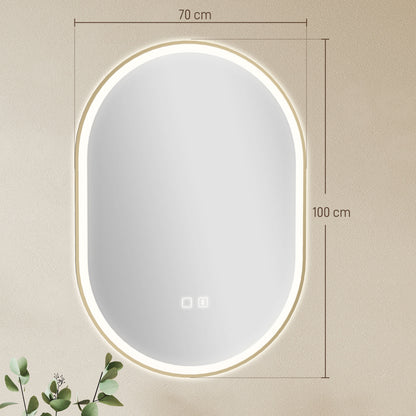 HOMCOM Bathroom Mirror with LED Lights, 100x70cm Oval Bathroom Mirror, Dimmable, Bluetooth, Anti-Fog, Gold Tone