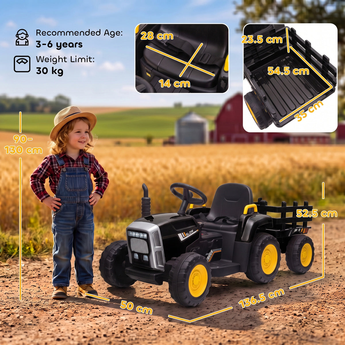 HOMCOM 12V Kids Ride on Tractor with Detachable Trailer, Remote, Soft Start, Seat Belt, Music, USB, Horn, Lights for 3-6, Black