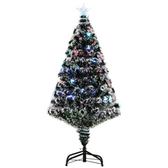 HOMCOM 4ft Artificial Prelit Christmas Tree, Snow Xmas Tree with Colourful LED Lighting Fiber Optics, Green White
