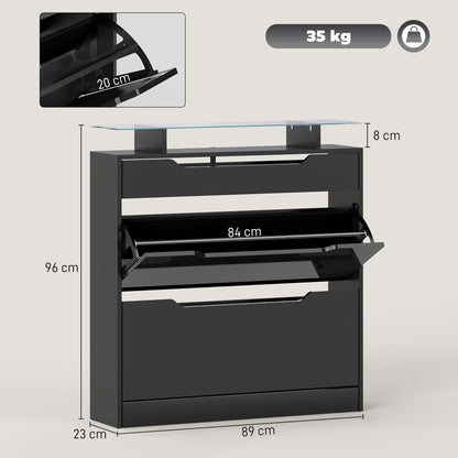 HOMCOM Shoe Storage Cabinet with Slide Out Drawer, 2 Flip Doors, Tempered Glass Top - Black