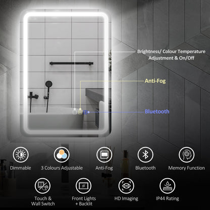 HOMCOM 70 x 50 cm Bluetooth Bathroom Mirror - Silver-Tone