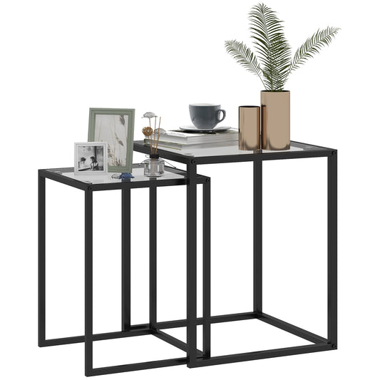 HOMCOM Nesting Tables Set of 2, Side End Table with Tempered Glass Top and Steel Frame for Living Room, Bedroom, Black