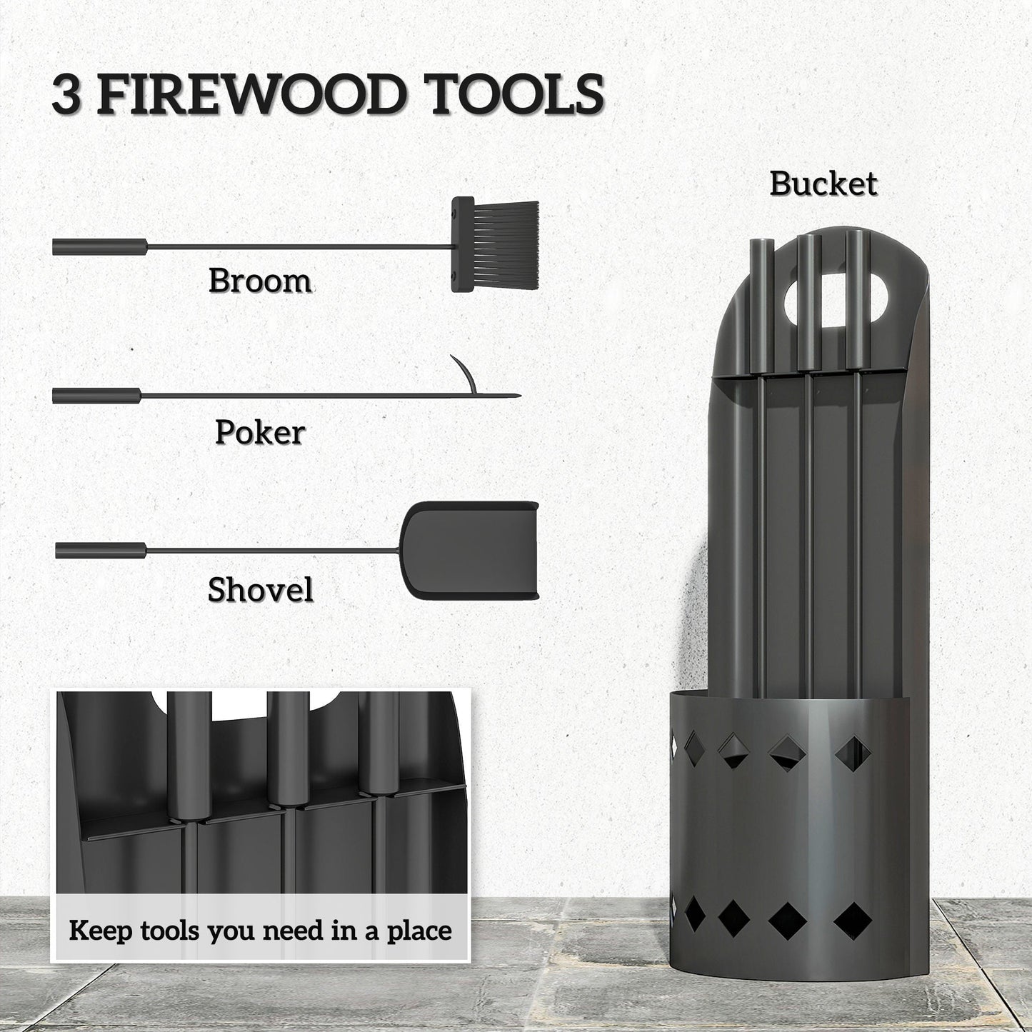 Outsunny 4 Pieces Fireplace Companion Set, Metal Fireplace Accessories Fireside Companion Set with Broom, Shovel, Poker, Bucket, Black