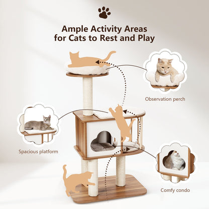 Modern Wooden Cat Tower with Platform-Brown