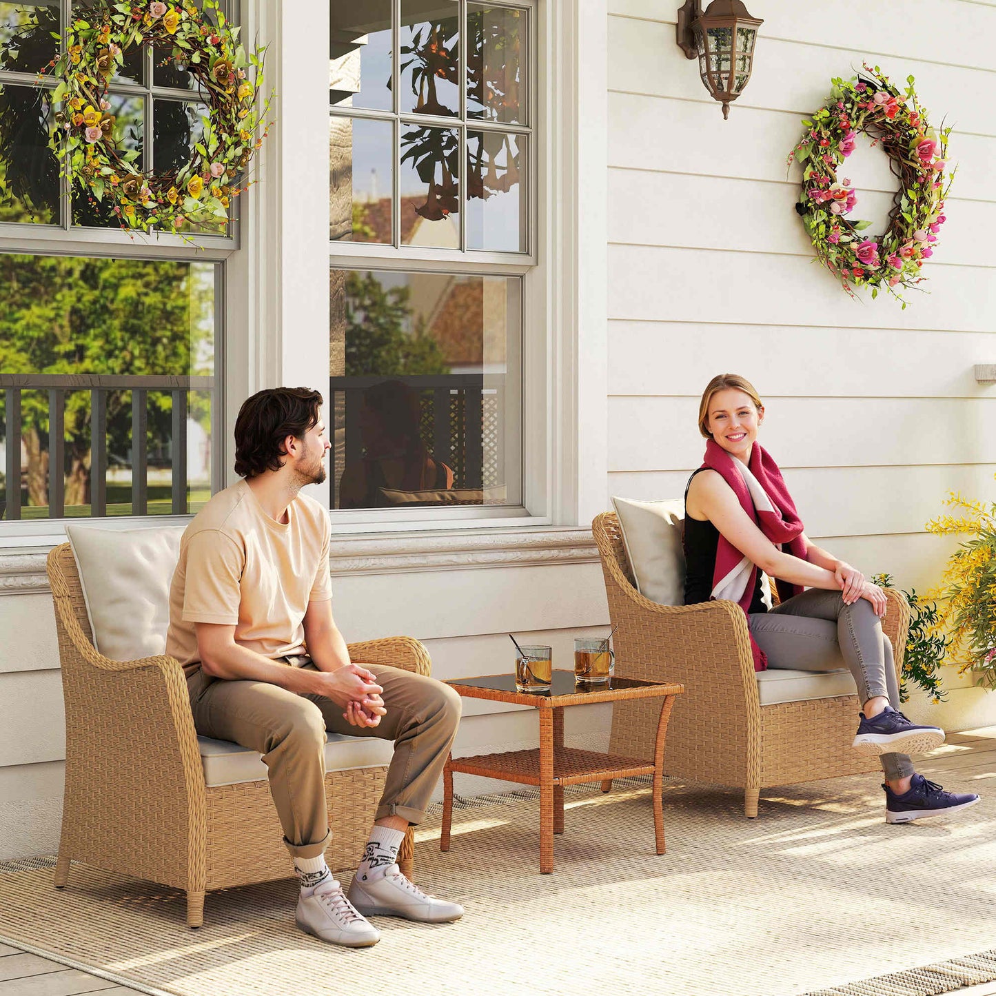 Outsunny Rattan Garden Chairs Set of 2, Outdoor Rattan Chairs with Cushions, Armrests and High Back, PE Wicker Garden Armchair with Steel Frame for Balcony, Porch, Beige