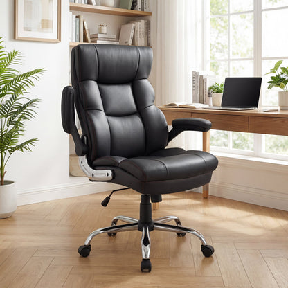 PU Leather Ergonomic Computer Desk Chair with Adjustable Height and Flip-up Armrests-Black