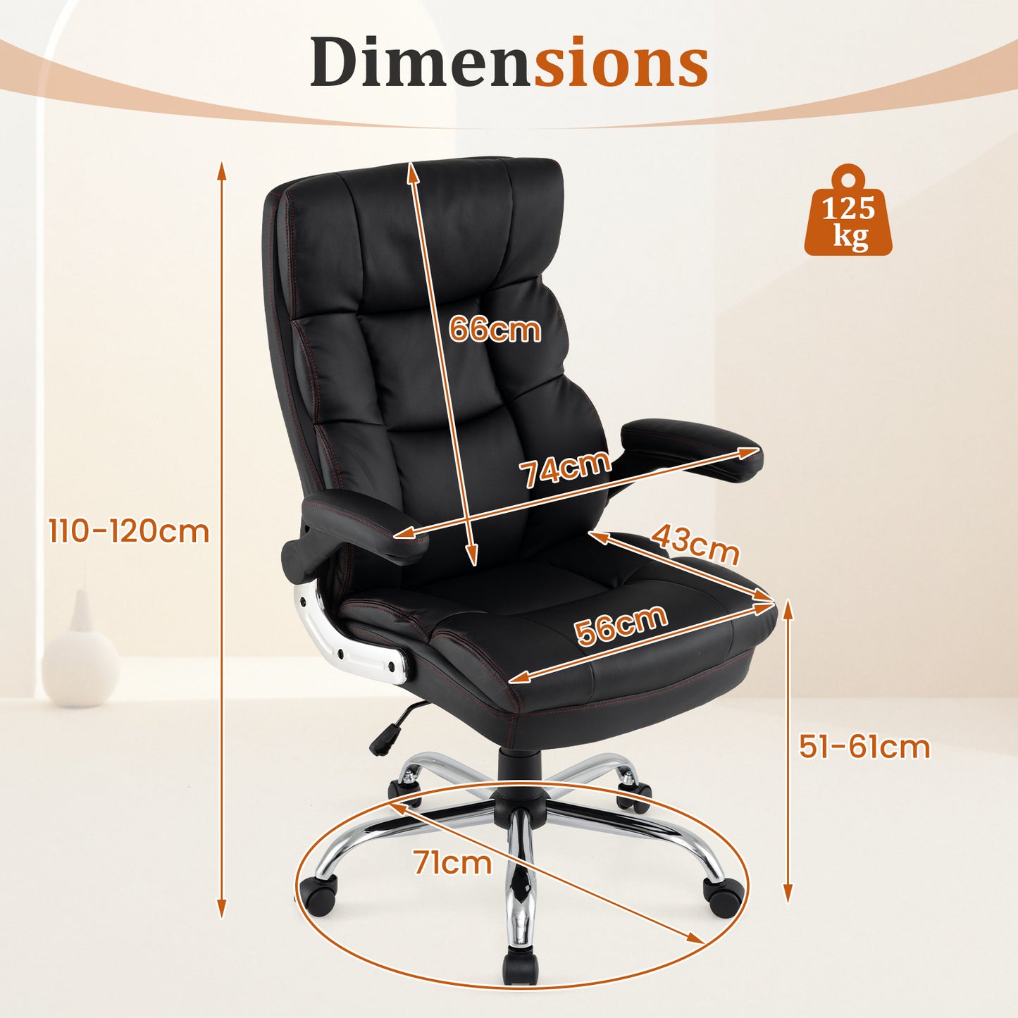 PU Leather Ergonomic Computer Desk Chair with Adjustable Height and Flip-up Armrests-Black