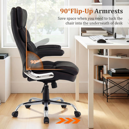 PU Leather Ergonomic Computer Desk Chair with Adjustable Height and Flip-up Armrests-Black
