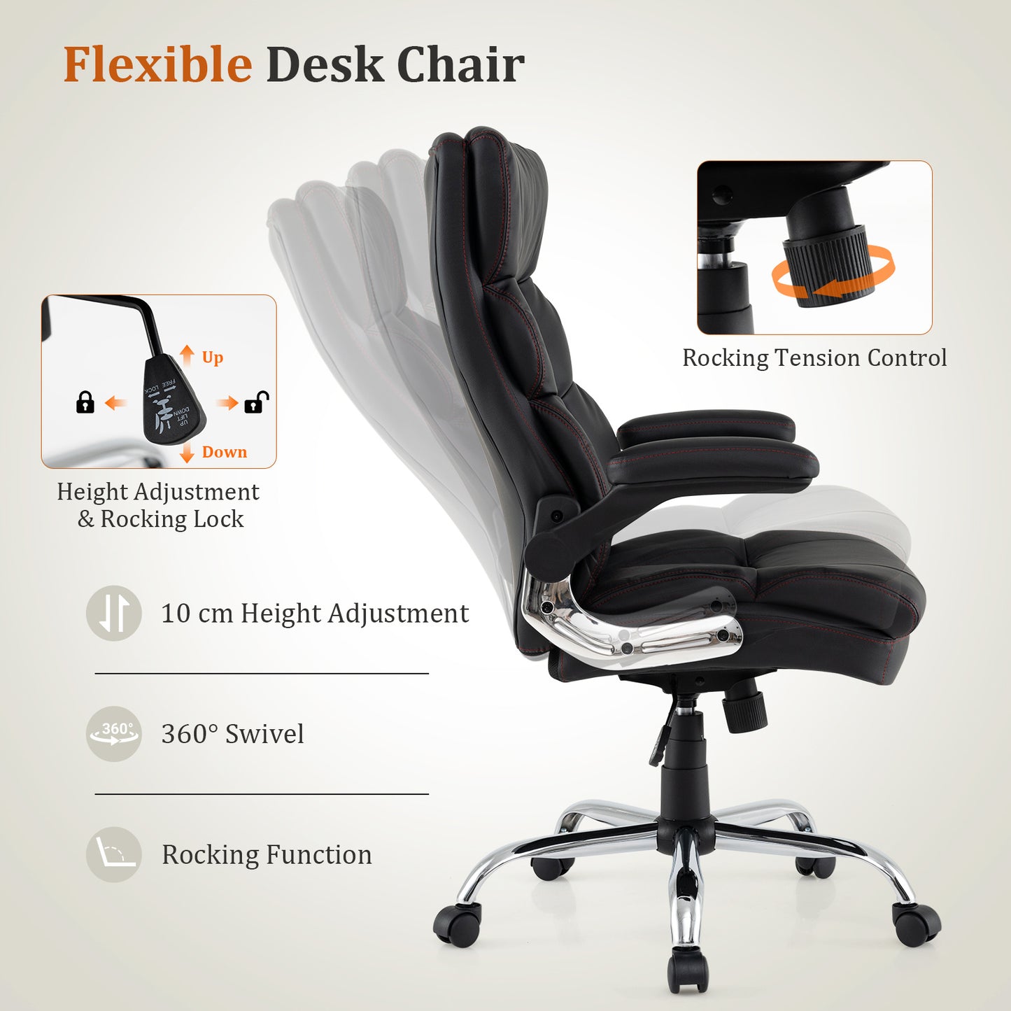 PU Leather Ergonomic Computer Desk Chair with Adjustable Height and Flip-up Armrests-Black