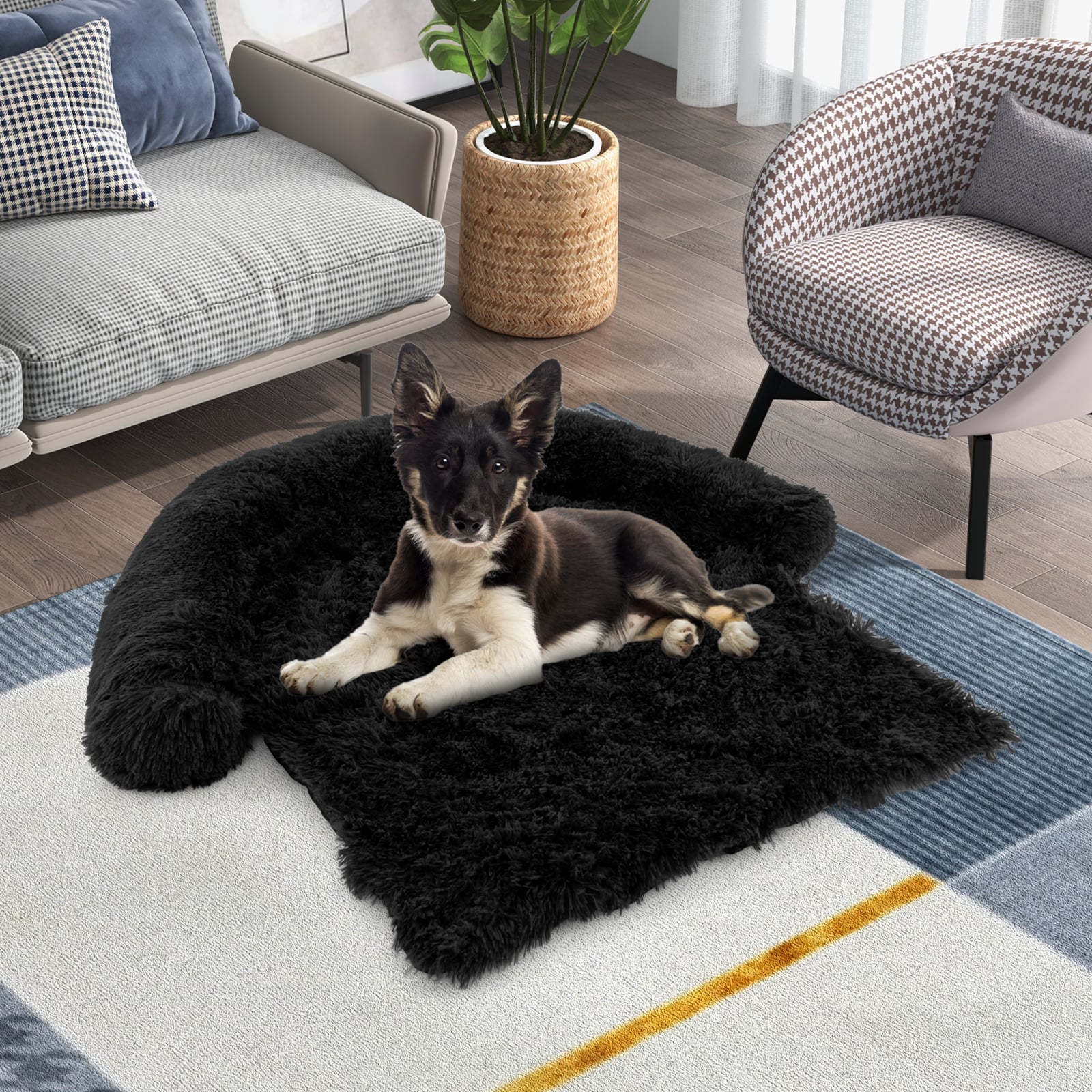 Fluffy Dog Mat Couch Cover Protector with Detachable Washable Cover and Anti-slip Bottom-Black-M