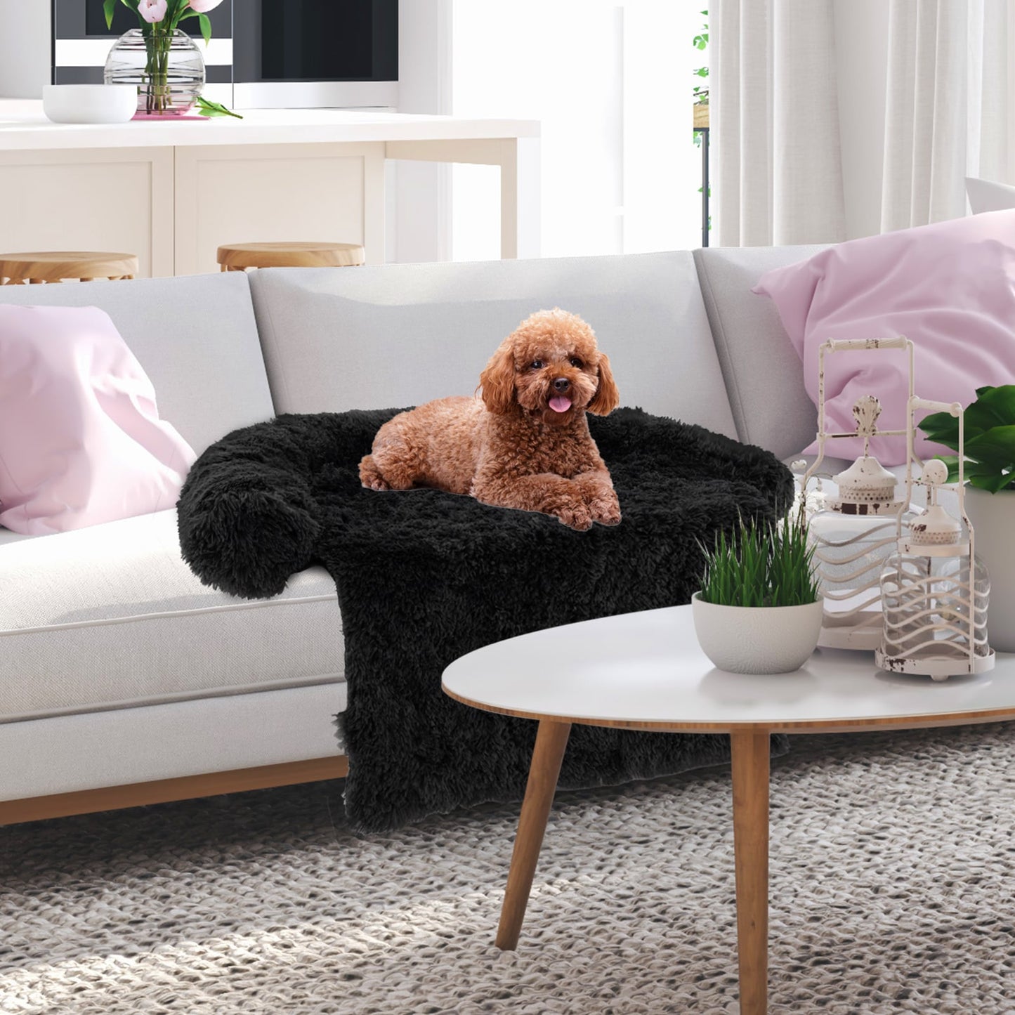 Fluffy Dog Mat Couch Cover Protector with Detachable Washable Cover and Anti-slip Bottom-Black-S