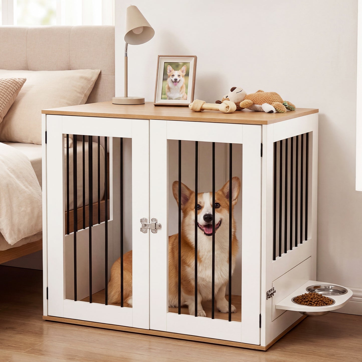 80 cm Indoor Wooden Dog Kennel with Double Lock Doors and 360° Rotating Feeder-White