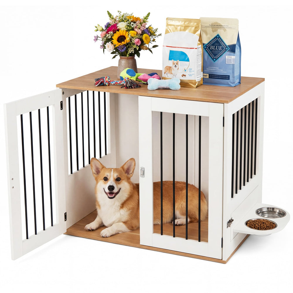 80 cm Indoor Wooden Dog Kennel with Double Lock Doors and 360° Rotating Feeder-White