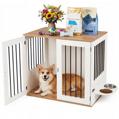 80 cm Indoor Wooden Dog Kennel with Double Lock Doors and 360° Rotating Feeder-White