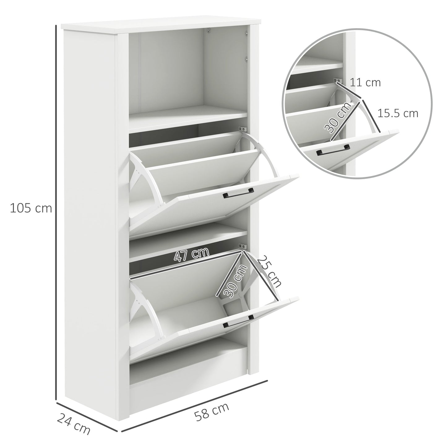 HOMCOM Modern Shoe Cabinet with 2 Flip Drawers and Adjustable Shelves, Narrow Shoe Storage Cabinet with Open Compartment, Holds 10 Pairs for Entryway, Hallway, White