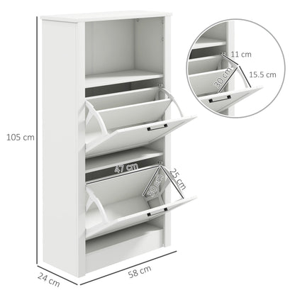 HOMCOM Modern Shoe Cabinet with 2 Flip Drawers and Adjustable Shelves, Narrow Shoe Storage Cabinet with Open Compartment, Holds 10 Pairs for Entryway, Hallway, White
