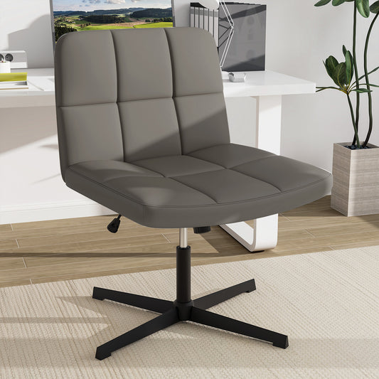PU Leather Upholstered Armless Cross Legged Office Desk Chair No Wheels-Grey