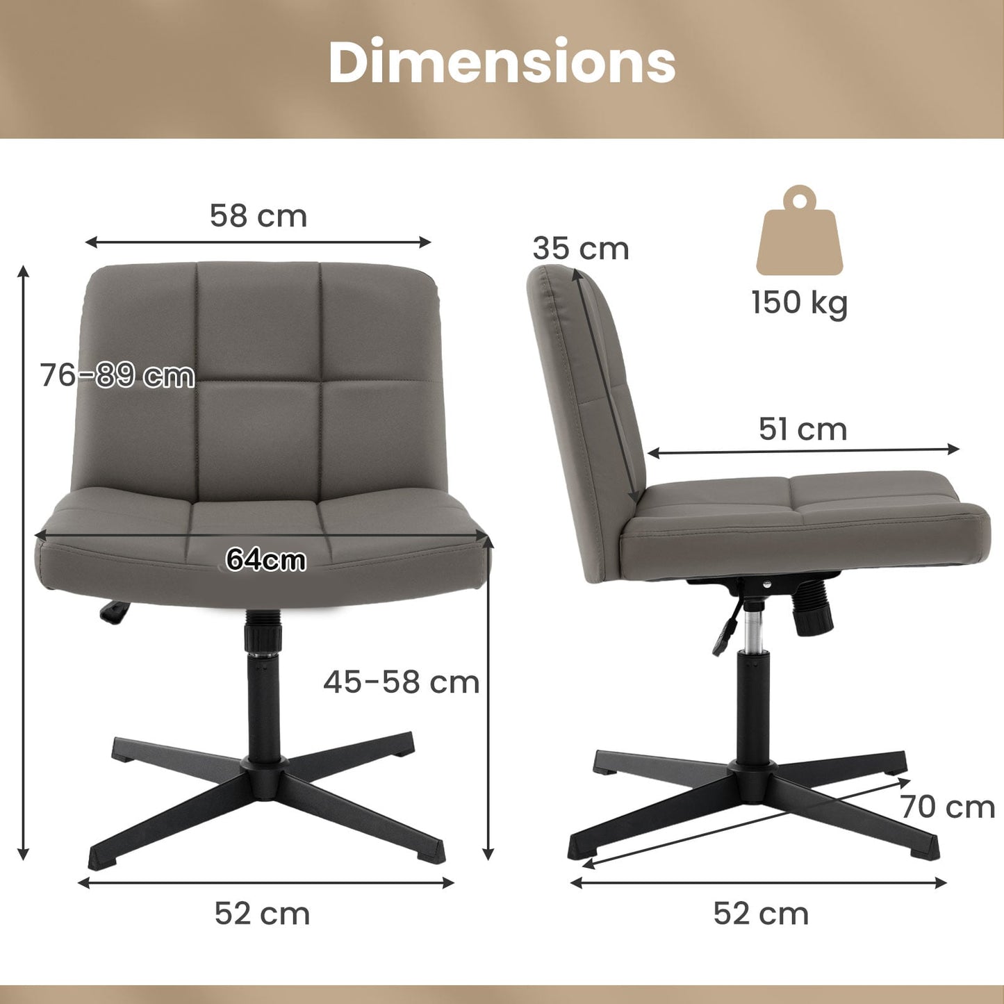 PU Leather Upholstered Armless Cross Legged Office Desk Chair No Wheels-Grey