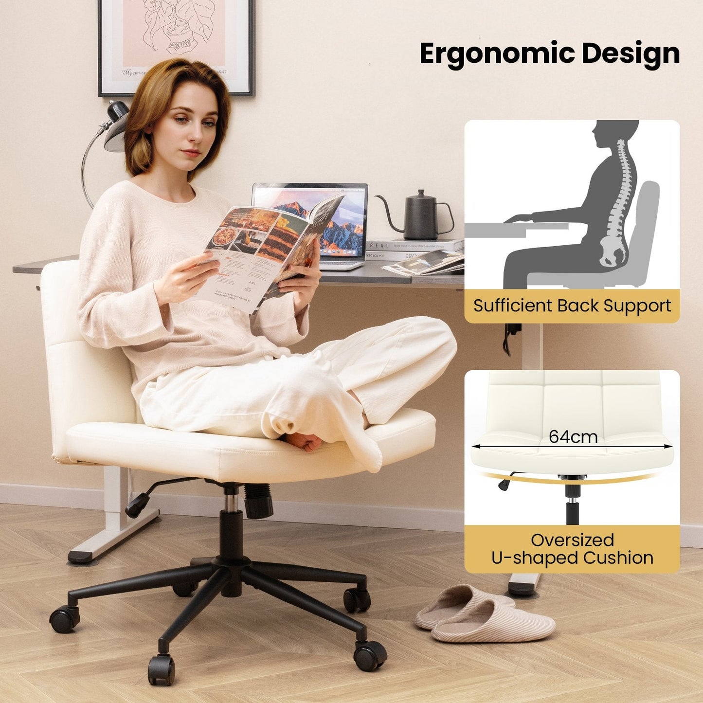 PU Leather Upholstered Cross-legged Office Chair with Wheels-Beige