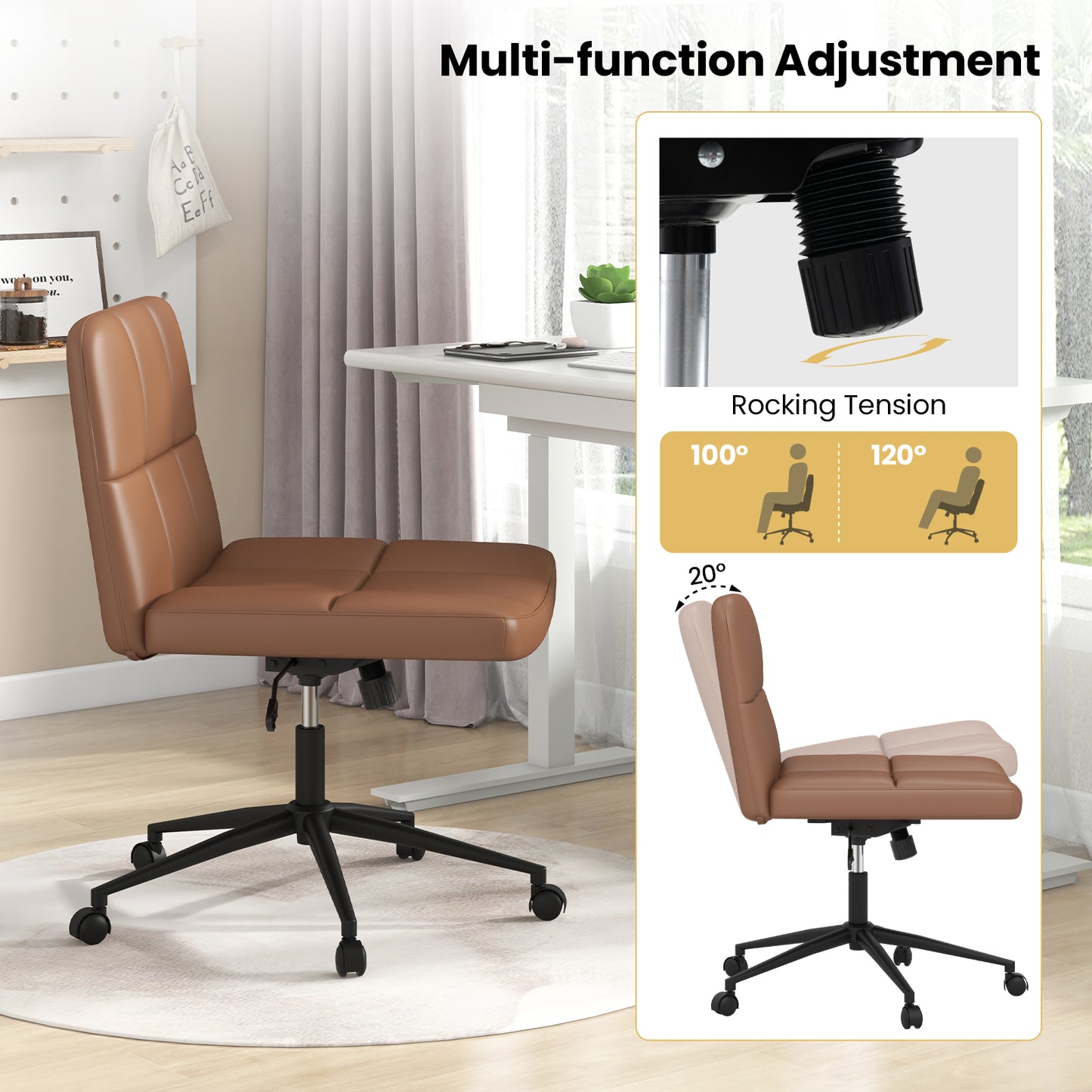 PU Leather Upholstered Cross-legged Office Chair with Wheels-Brown