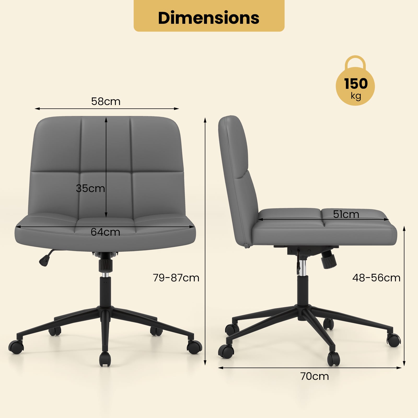 PU Leather Upholstered Cross-legged Office Chair with Wheels-Grey