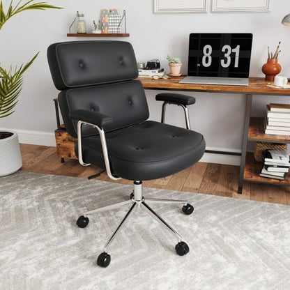 PU Leather Upholstered Desk Office Chair with Button Tufted Back-Black
