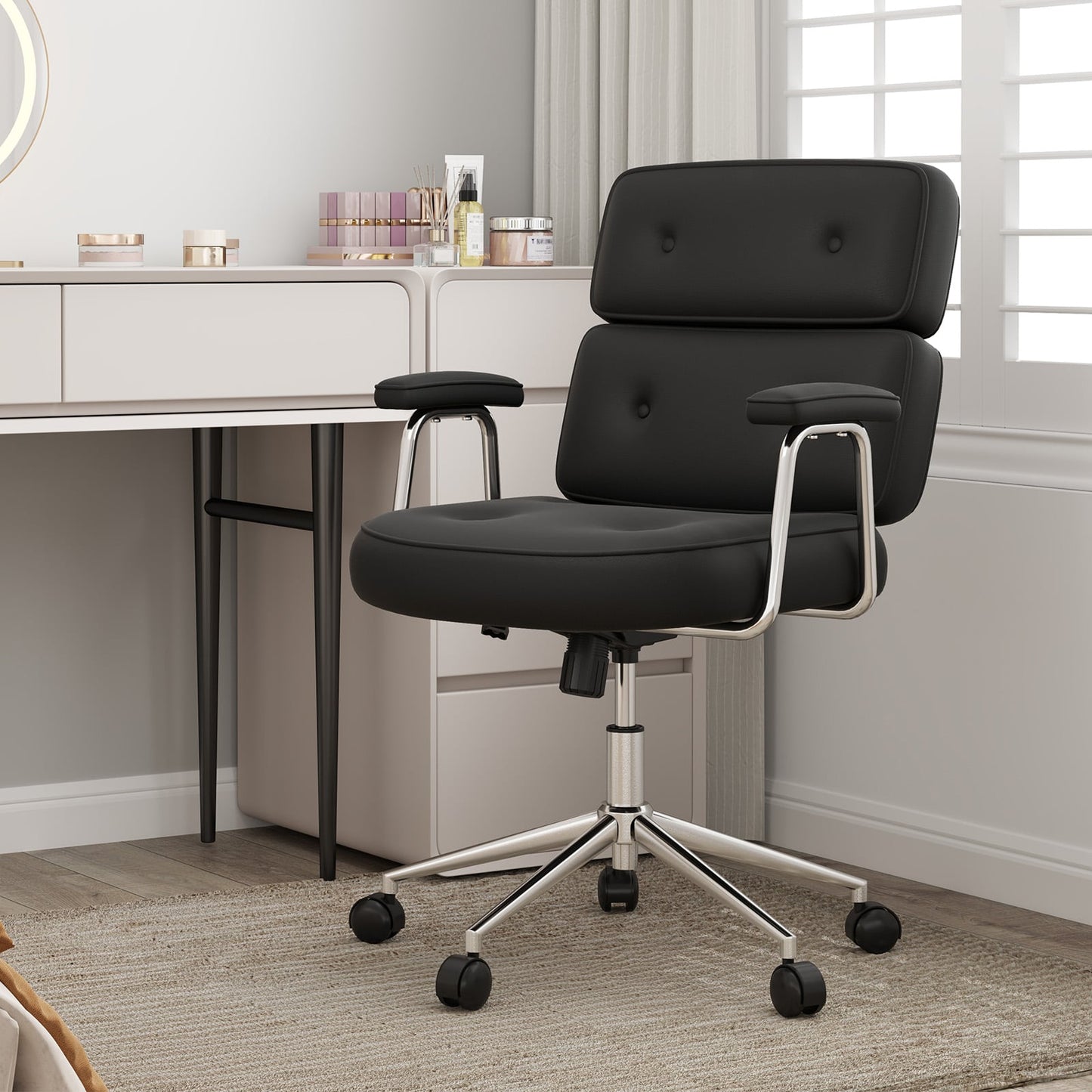 PU Leather Upholstered Office Chair with Button Tufted Back-Black