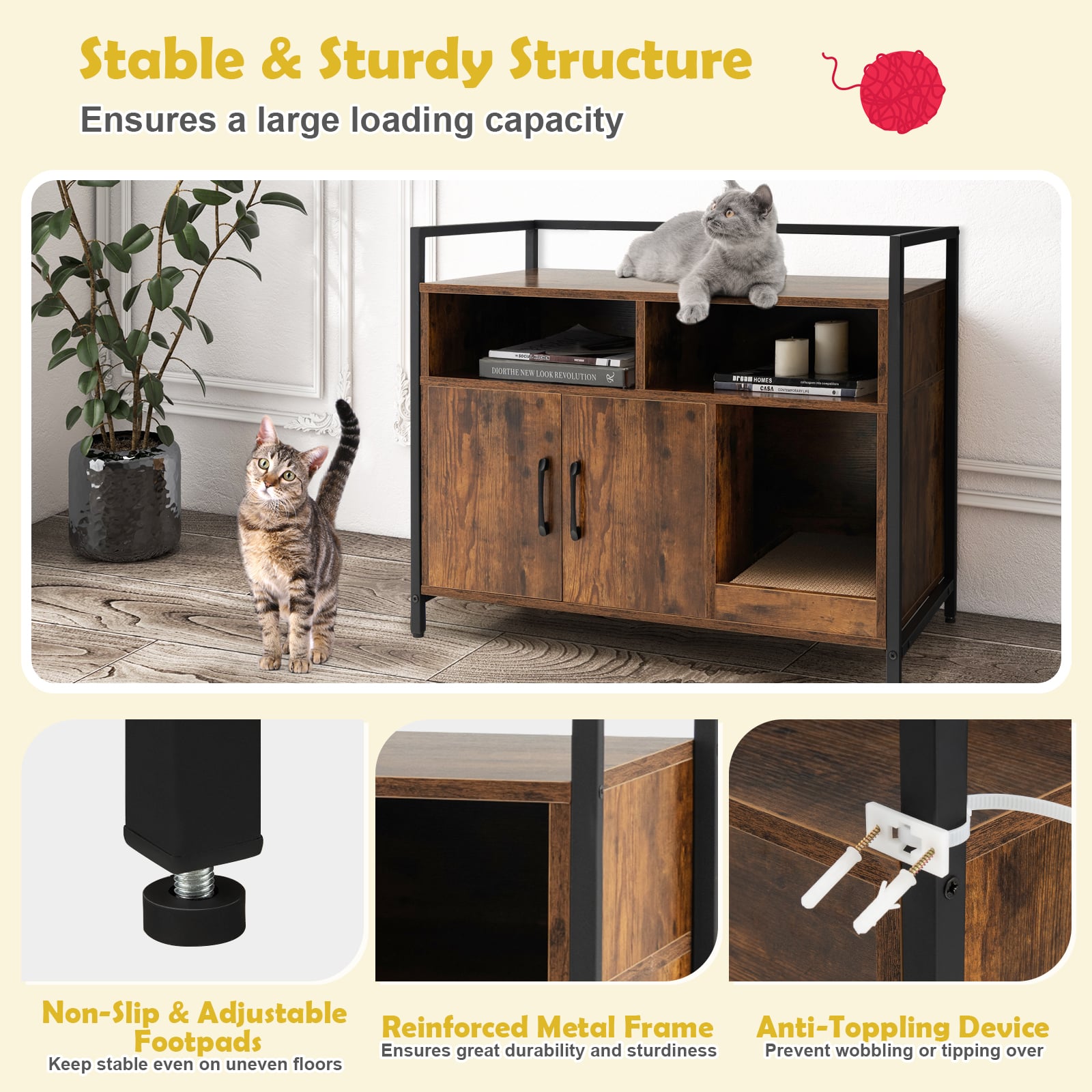 Wooden Cat Litter Box Enclosure with Compartments and Scratching Board-Brown