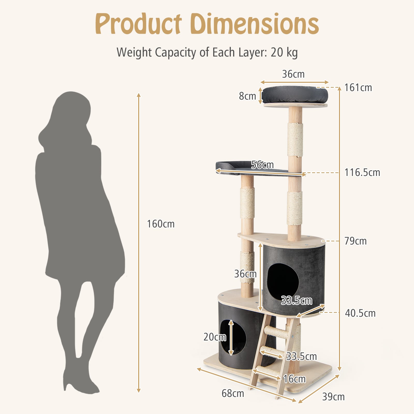 Multi-level Cat Furniture with 2 Cozy Condos-Grey