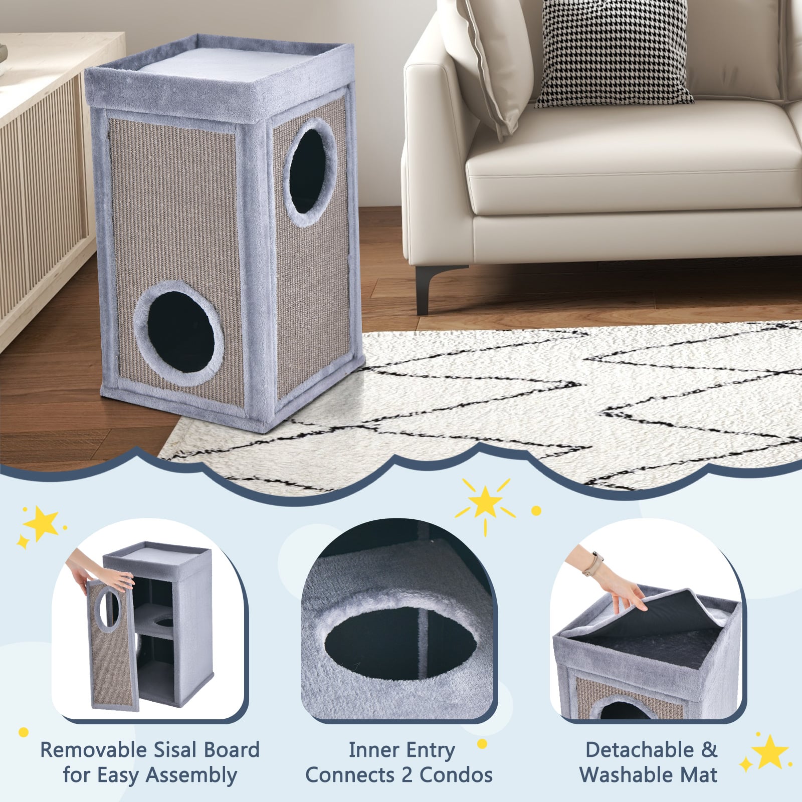 2-Tier Cat House with Sisal Scratch Boards-Grey