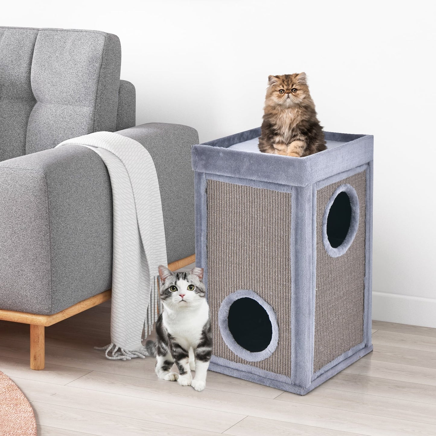 2-Tier Cat House with Sisal Scratch Boards-Grey