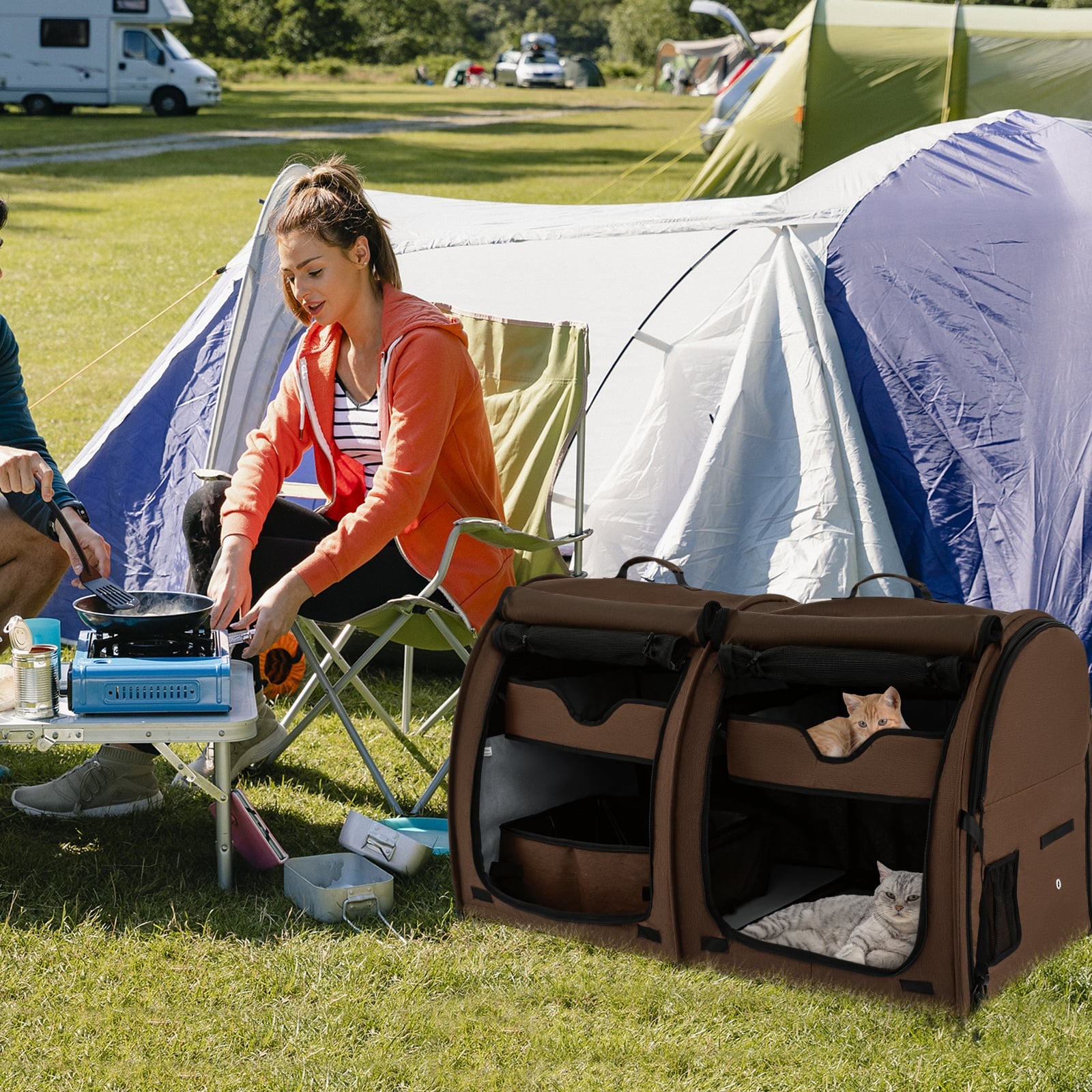 2 Compartments Pet Travel Carriers with Removable Hammocks and Mats-Brown
