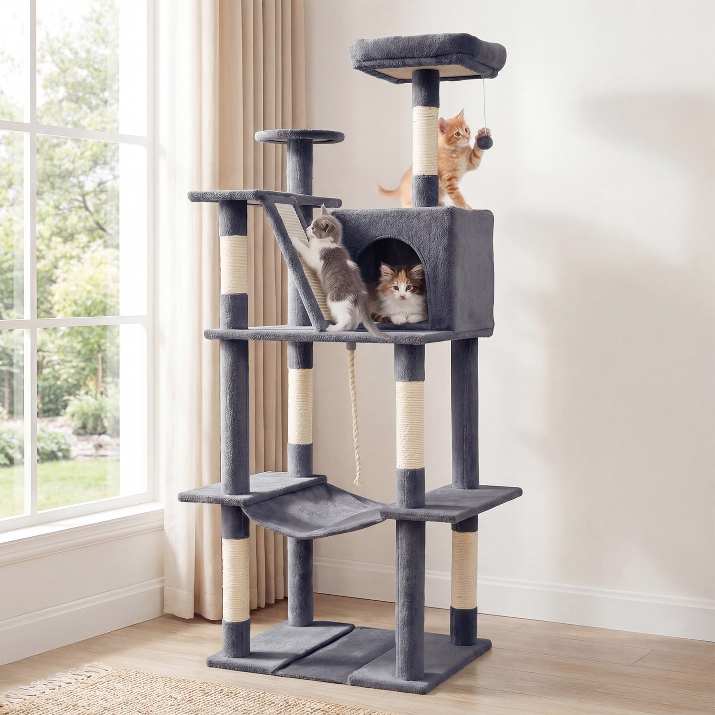 158 CM Tall Cat Tree Tower for Indoor Cats with Plush Top Perch-Grey