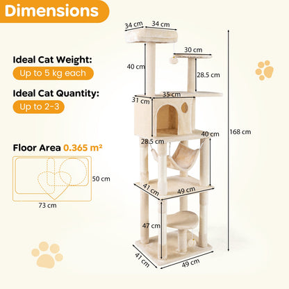 168 cm Tall Multi-Level Cat Tree with 2 Perches and Hammock-Beige