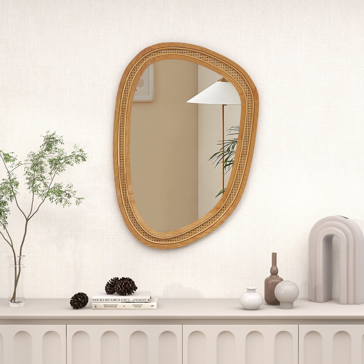 Irregular PVC Rattan Wall Mirror Boho Style Decorative Mirror-Natural