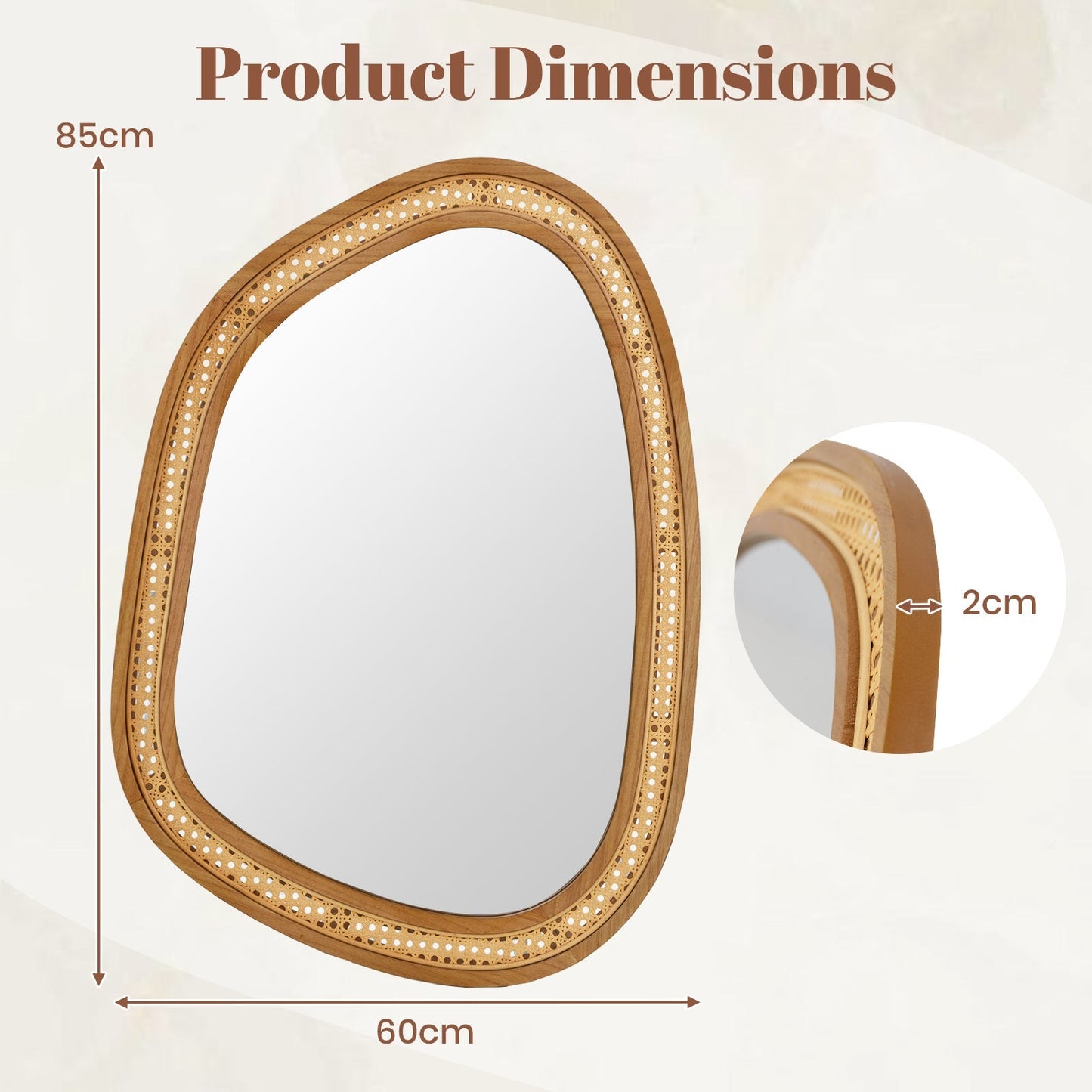 Irregular PVC Rattan Wall Mirror Boho Style Decorative Mirror-Natural