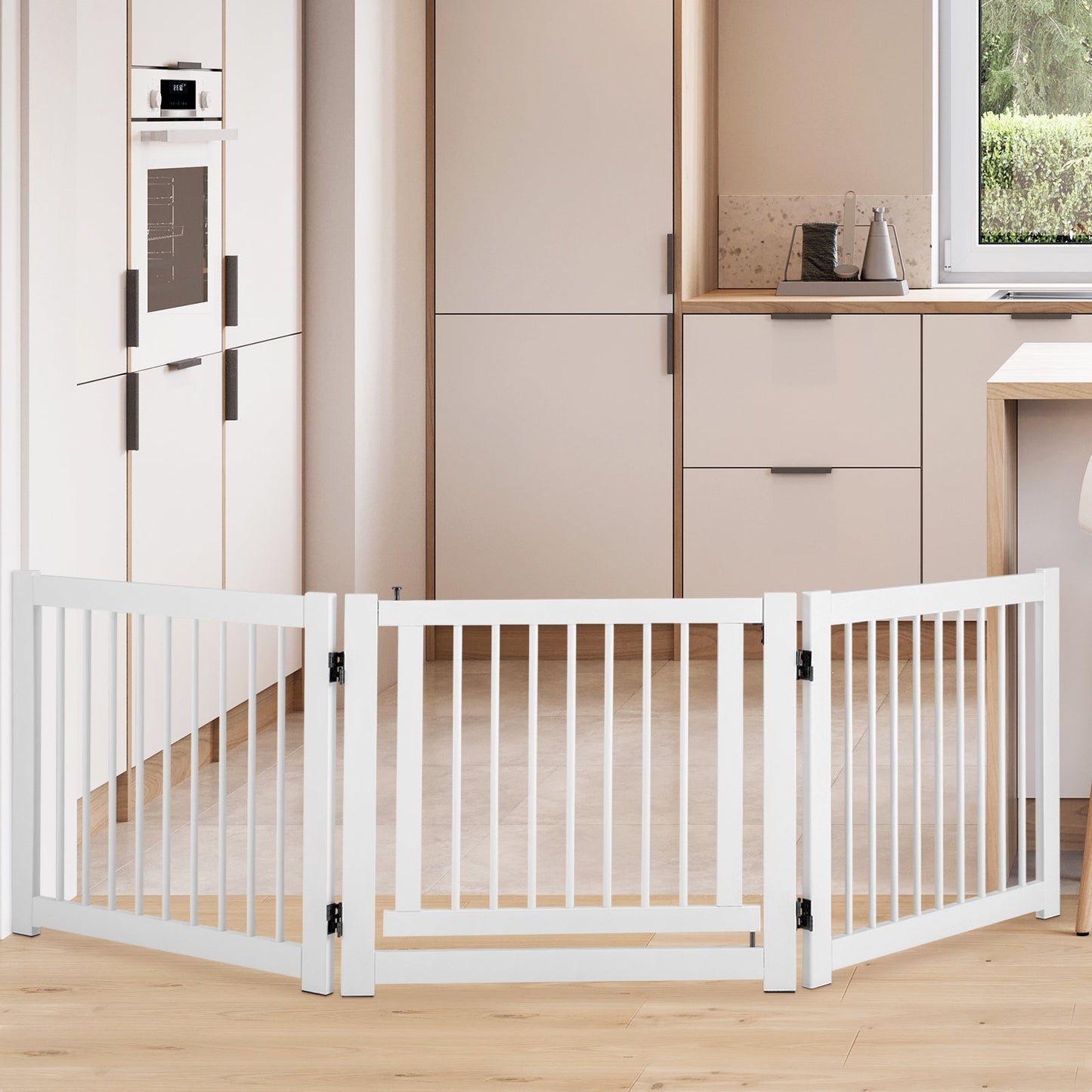 Freestanding Foldable Pet Gates with Lockable Door for Doorway Stairs