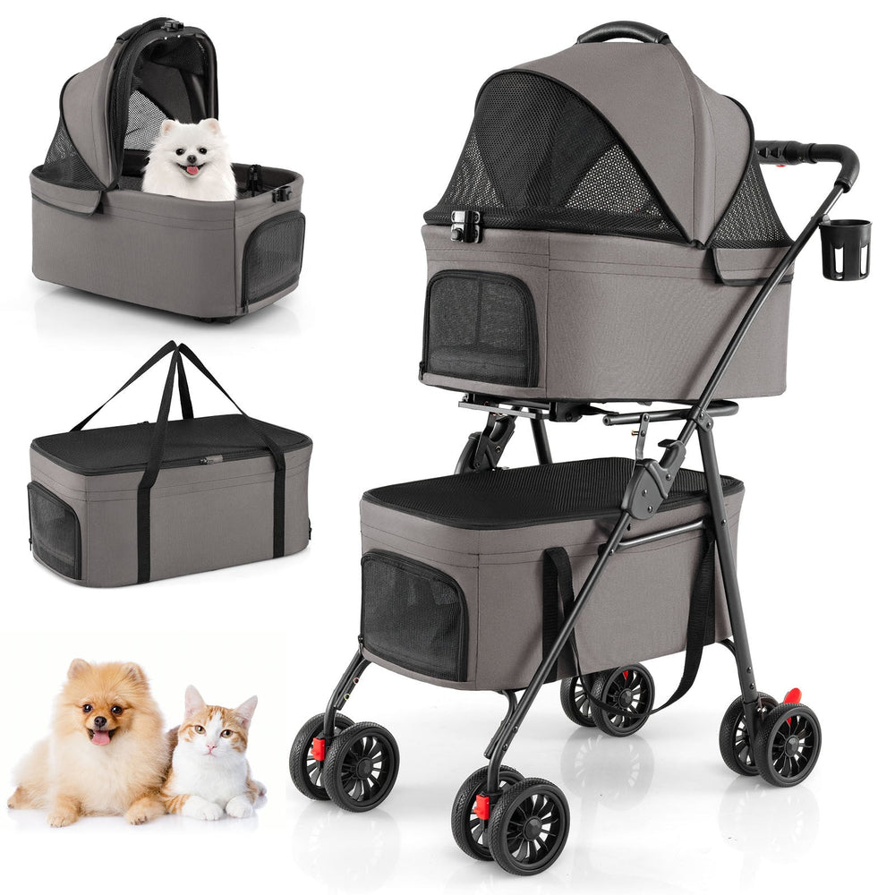 Double Pet Stroller 3 in 1 Foldable with 2 Detachable Carriers Car Seats-Grey