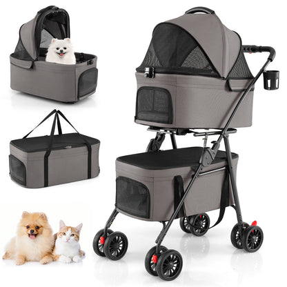 Double Pet Stroller 3 in 1 Foldable with 2 Detachable Carriers Car Seats-Grey