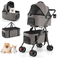 Double Pet Stroller 3 in 1 Foldable with 2 Detachable Carriers Car Seats-Grey